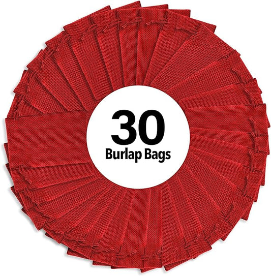 Mandala Crafts 4X6 Inch Red Burlap Drawstring Gift Bags for Favors - 30 Small Linen Sacks Gift Pouches for Candy, Coffee, Jewelry, Wedding, and Party Supplies