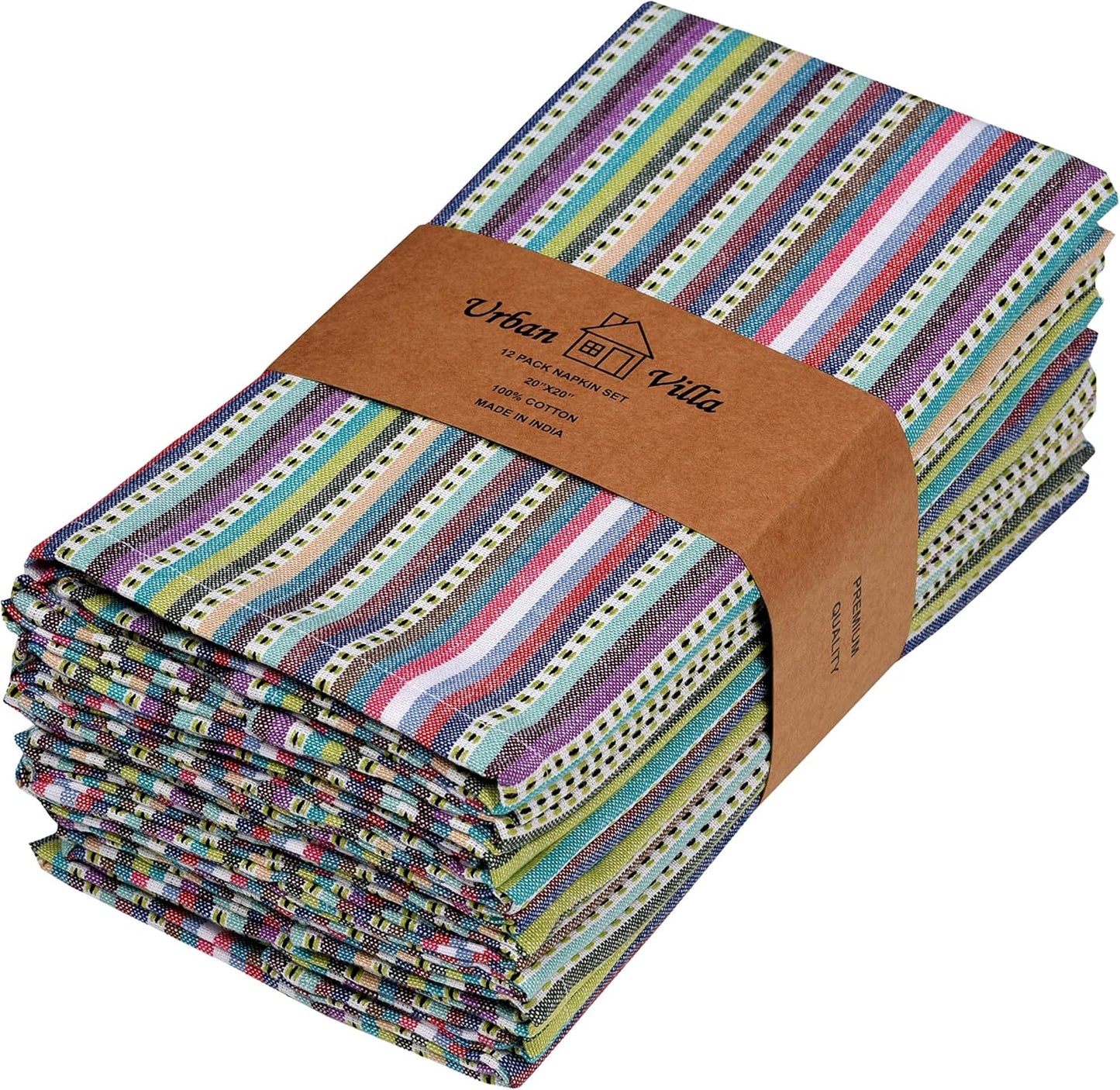 Urban Villa Cloth Napkins Beige Multi Stripes 100% Cotton Absorbent Dinner Napkins (Set of 12) 20x20 Inches Soft Durable Washable Reusable Ideal for Everyday Use Wedding Parties Cloth Dinner Napkins
