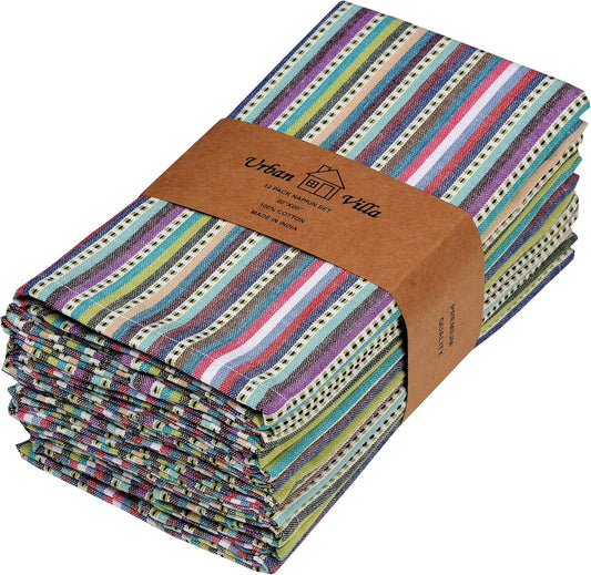 Urban Villa Cloth Napkins Beige Multi Stripes 100% Cotton Absorbent Dinner Napkins (Set of 12) 20x20 Inches Soft Durable Washable Reusable Ideal for Everyday Use Wedding Parties Cloth Dinner Napkins