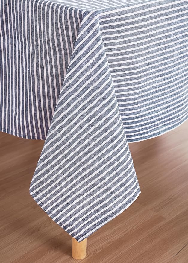 100% French Flax Linen Tablecloths Rectangle 120Lx60W Inch for Dinners, Parties, Easter, Halloween, Camping, Stone Washed, Textured, Machine Washable, 10-12 Sets (60''x120'', Blue Stripe)