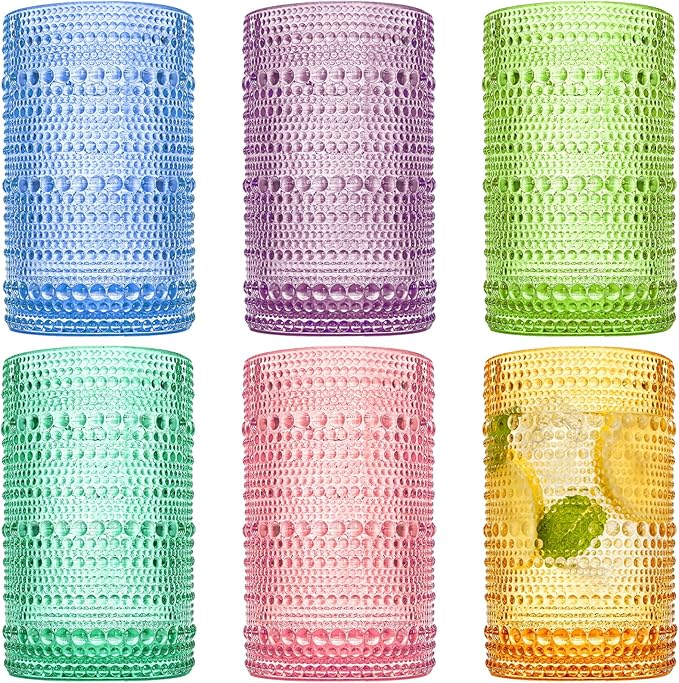 ZOOFOX Set of 6 Vintage Drinking Glasses, 12 Oz Colored Hobnail Glasses Tumbler, Embossed Design Glass Tumblers Set for Water, Beverages, Juice, Beer, Cocktail, Whiskey, Milk