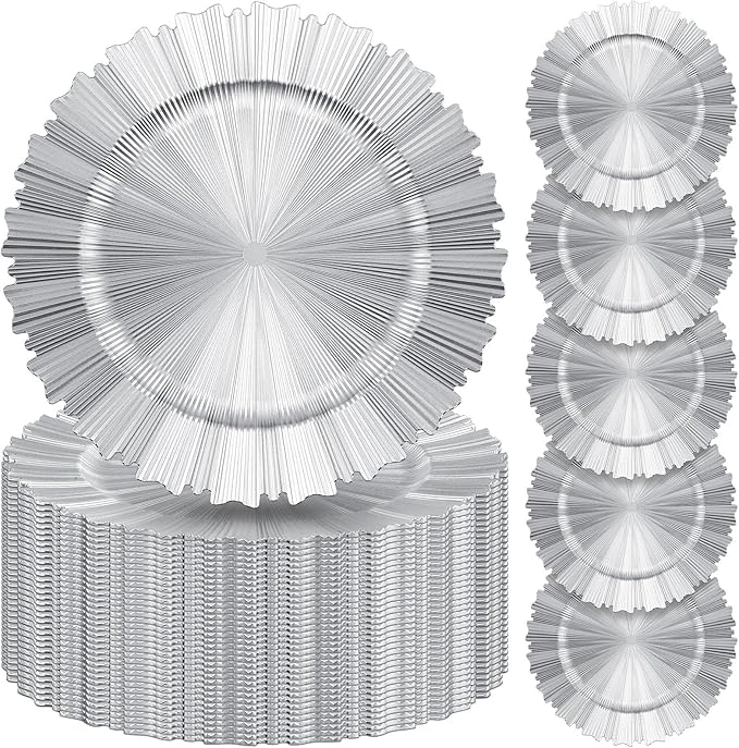 Mifoci 50 Pcs Bright Silver Charger Plates Bulk 13 Inch Plastic Round Chargers Fluted Edge Dinner Plate Wedding Decoration for Table Setting Wedding Party Event Tabletop