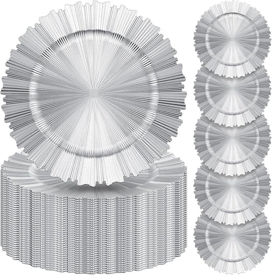 Mifoci 50 Pcs Bright Silver Charger Plates Bulk 13 Inch Plastic Round Chargers Fluted Edge Dinner Plate Wedding Decoration for Table Setting Wedding Party Event Tabletop