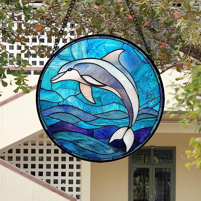 Stained Glass Suncatcher, Blue Ocean Dolphin Sun Catcher Marine Life Stain Glass Indoor Window Hanging Decoration Mother's Day Birthday Gifts for Women Men Mom and Nana 9.8 in