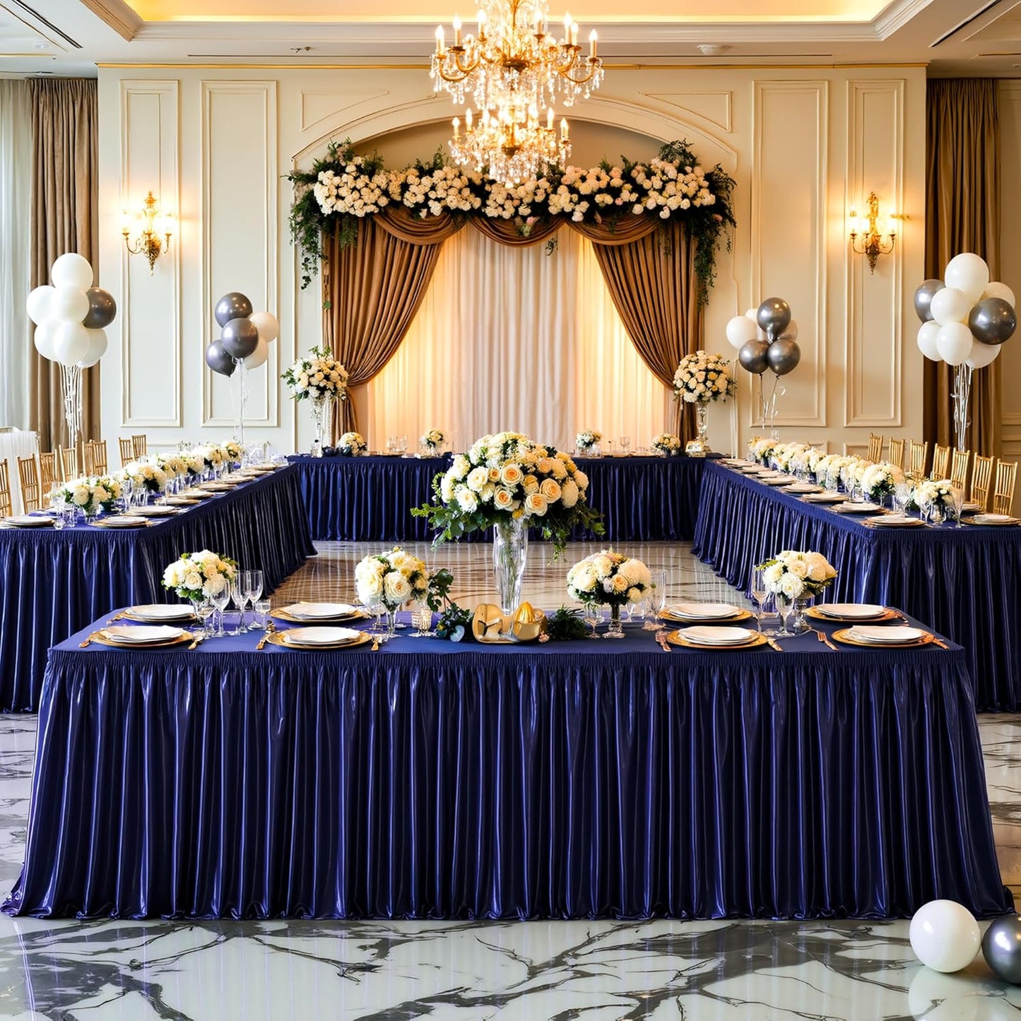 Wish Care 21ft Navy Blue Satin Table Skirt for Rectangle Tables Wrinkle Free Glitter Desk Skirts Pleated Ruffle Table Cloth for Wedding Birthday Baby Shower Party Banquet Buffet Cake Table Decorations