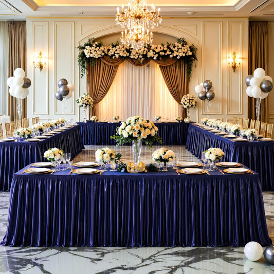 Wish Care 21ft Navy Blue Satin Table Skirt for Rectangle Tables Wrinkle Free Glitter Desk Skirts Pleated Ruffle Table Cloth for Wedding Birthday Baby Shower Party Banquet Buffet Cake Table Decorations