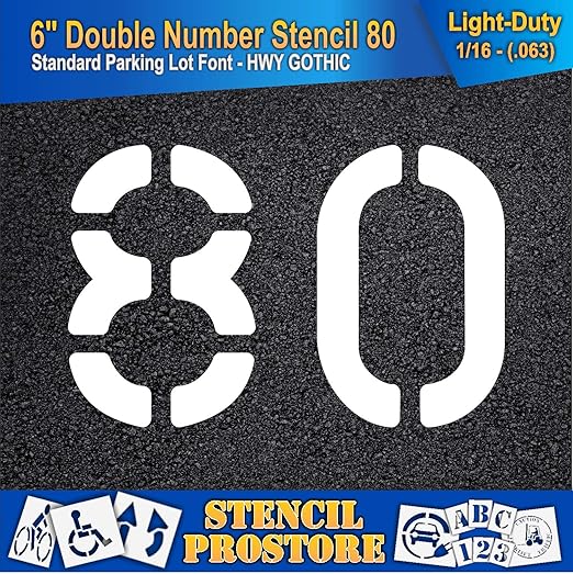 Pavement, Curb, and WheelStop Stencils - 6 inch Double Number Stencil - (80) - 6" x 9" x 1/16" (63 mil) - Light-Duty