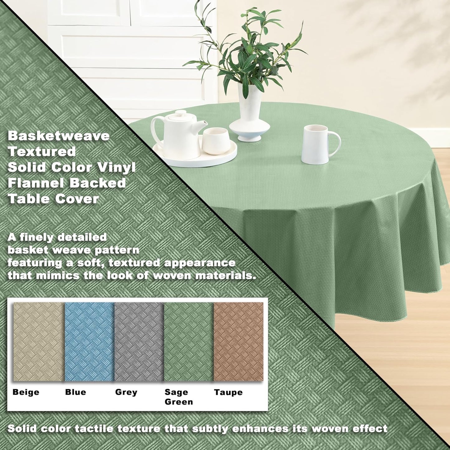 Newbridge Basketweave Vinyl Flannel Backed Tablecloth, 70 Inch Round, Sage Green, Basket Weave Textured Indoor Outdoor Waterproof Table Cover for Patio, Kitchen, Dining