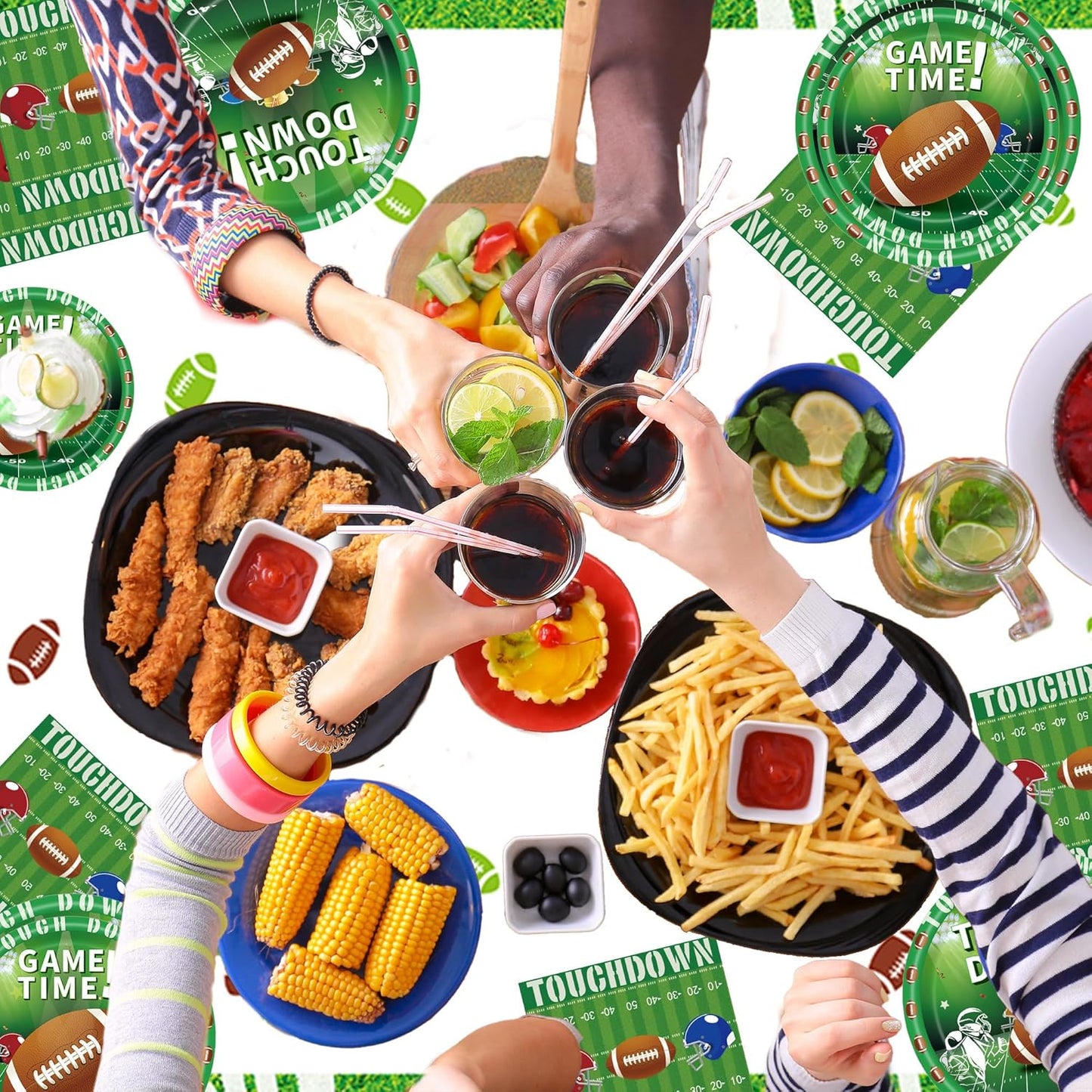 Football Party Decorations Supplies Set for 24 People, Includes 48 Dinner Plate, 24 Cup, 24 Napkin, 1 Tablecloth, 1 Pennant, Perfect for Super Bowl Game Day Birthday Party(98 Pcs)