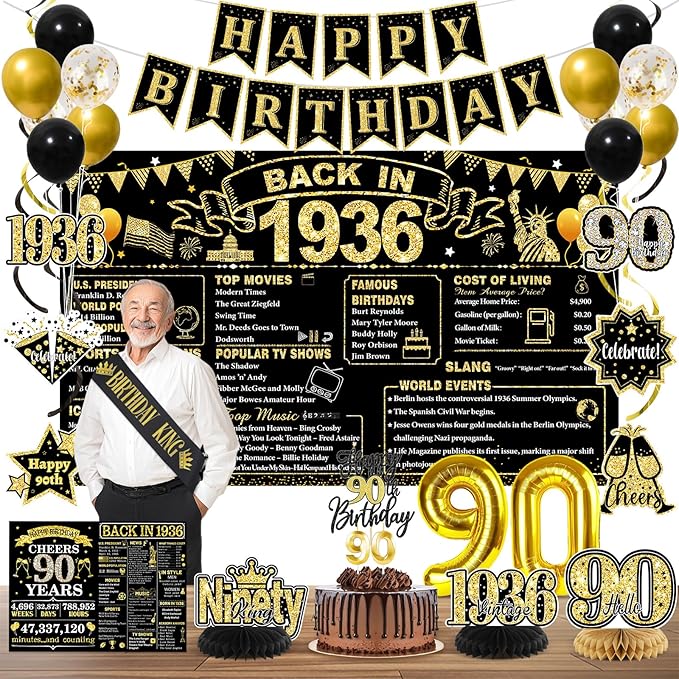 90th Birthday Decorations for Men, Black Gold Back in 1936 Party Supplies Kit with Banner, Backdrop, Sash, Balloons, Cake Topper & Honeycomb Centerpieces, Happy 90 Year Old Birthday Decorations