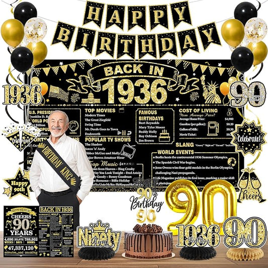90th Birthday Decorations for Men, Black Gold Back in 1936 Party Supplies Kit with Banner, Backdrop, Sash, Balloons, Cake Topper & Honeycomb Centerpieces, Happy 90 Year Old Birthday Decorations