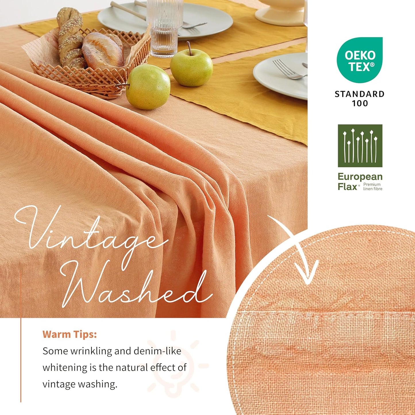 Linen World Vintage Tablecloths 60x108 Inch,100% French Linen Tablecloth,Classic Vintage Washed Table Cloths for Kitchen,Outdoor,Weddings,Decorative Thanksgiving Christmas,Pale Peach