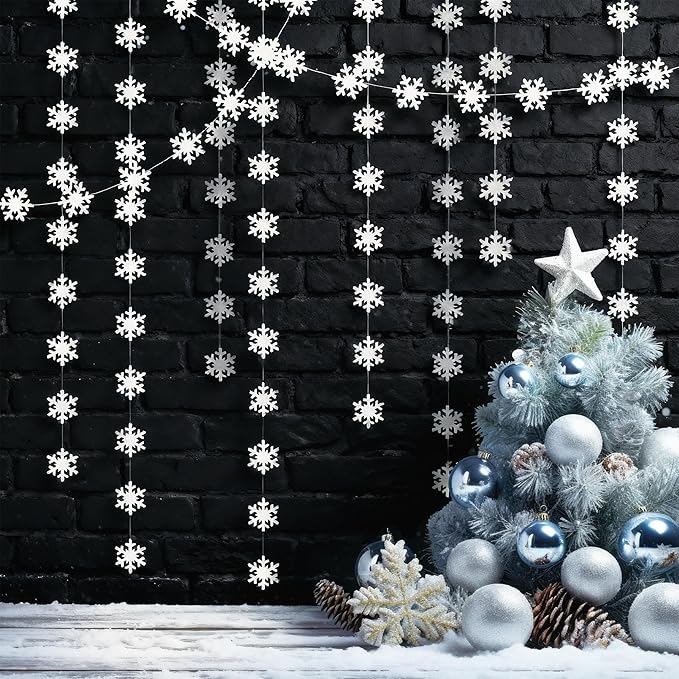 Cheerland Clearance Winter Wonderland Decorations White Snowflake Garland Hanging Paper Snowflakes Decor Snow Flake Streamer for Birthday Holiday Baby Shower Office Classroom January Party Supplies