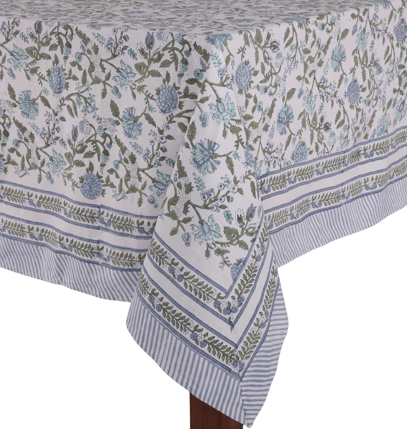 ATOSII Mahoka Blue 100% Cotton Rectangle Tablecloth, Handblock Floral Print Linen Table Cloth for Kitchen Dining I Parties, Outdoors, Weddings, Holidays, Summer I 72 X 108 Inches I 8 Seater