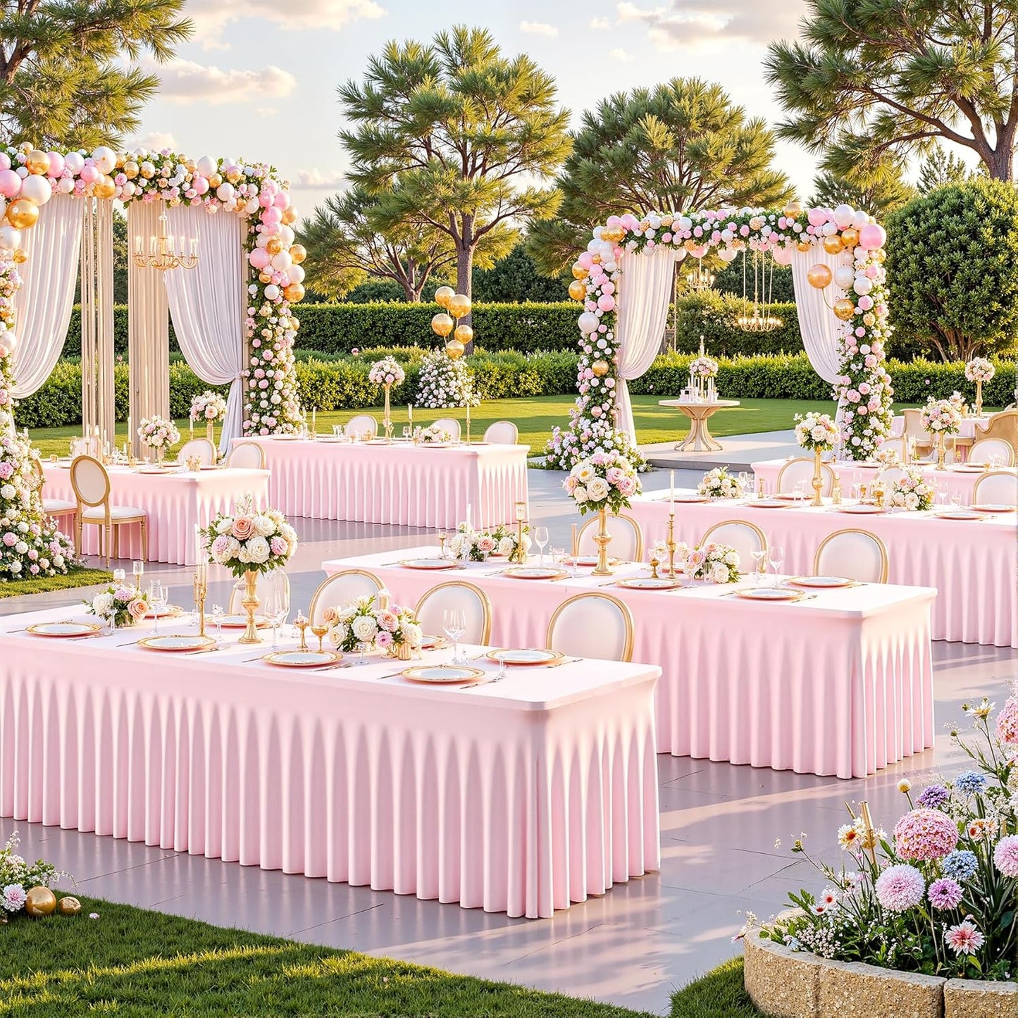 2 Pack 8ft Pink Spandex Table Cloths for Rectangle Tables Wrinkle Free Pink Rectangle Tablecloths Stretch Fitted Table Cover with Skirt for Baby Shower Girl Birthday Party Wedding Banquet Buffet