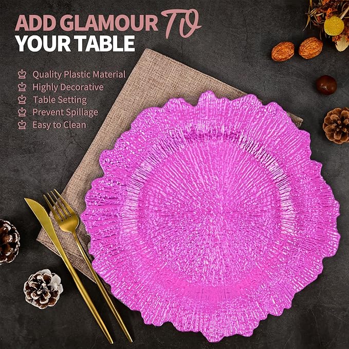 24 Pcs Hot Pink Charger Plates Bulk 13 Inch Plastic Charger Plates for Dinner Plate, Hot Pink Chargers for Table Setting, Reef Design Plate Floral Decorative Round Chargers for Wedding Party Event