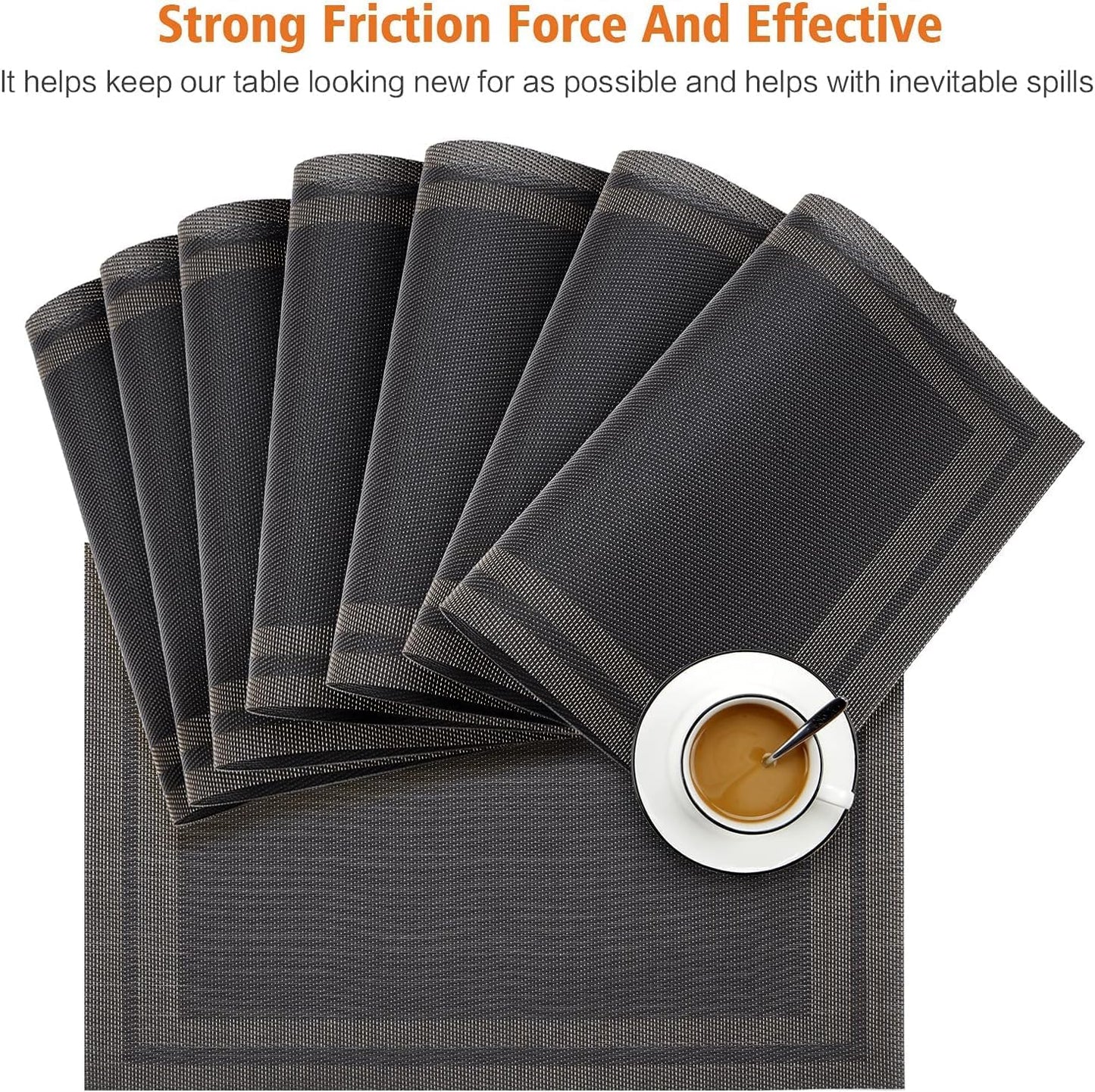 Placemats Set of 12,Washable,Heat and Stain Resistant Indoor/Outdoor Place mats,Vinyl Woven Non Slip Table Mats for Restaurant Table Protection,PVC Placemats(Black Gold,12PCS)