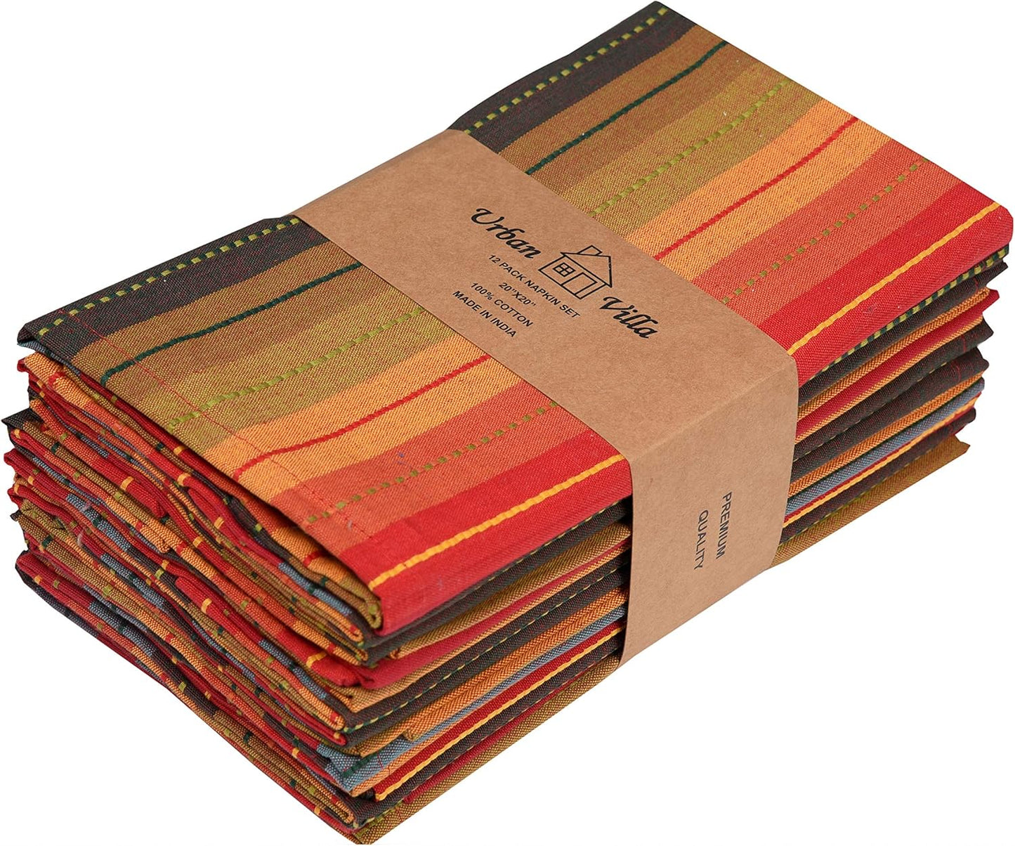 Urban Villa Cloth Napkins Cuisine Stripes 100% Cotton Absorbent Dinner Napkins Set of 12 20x20 Inches Red Multi Color Soft Durable Washable and Reusable Ideal for Everyday Use Wedding Parties Napkins