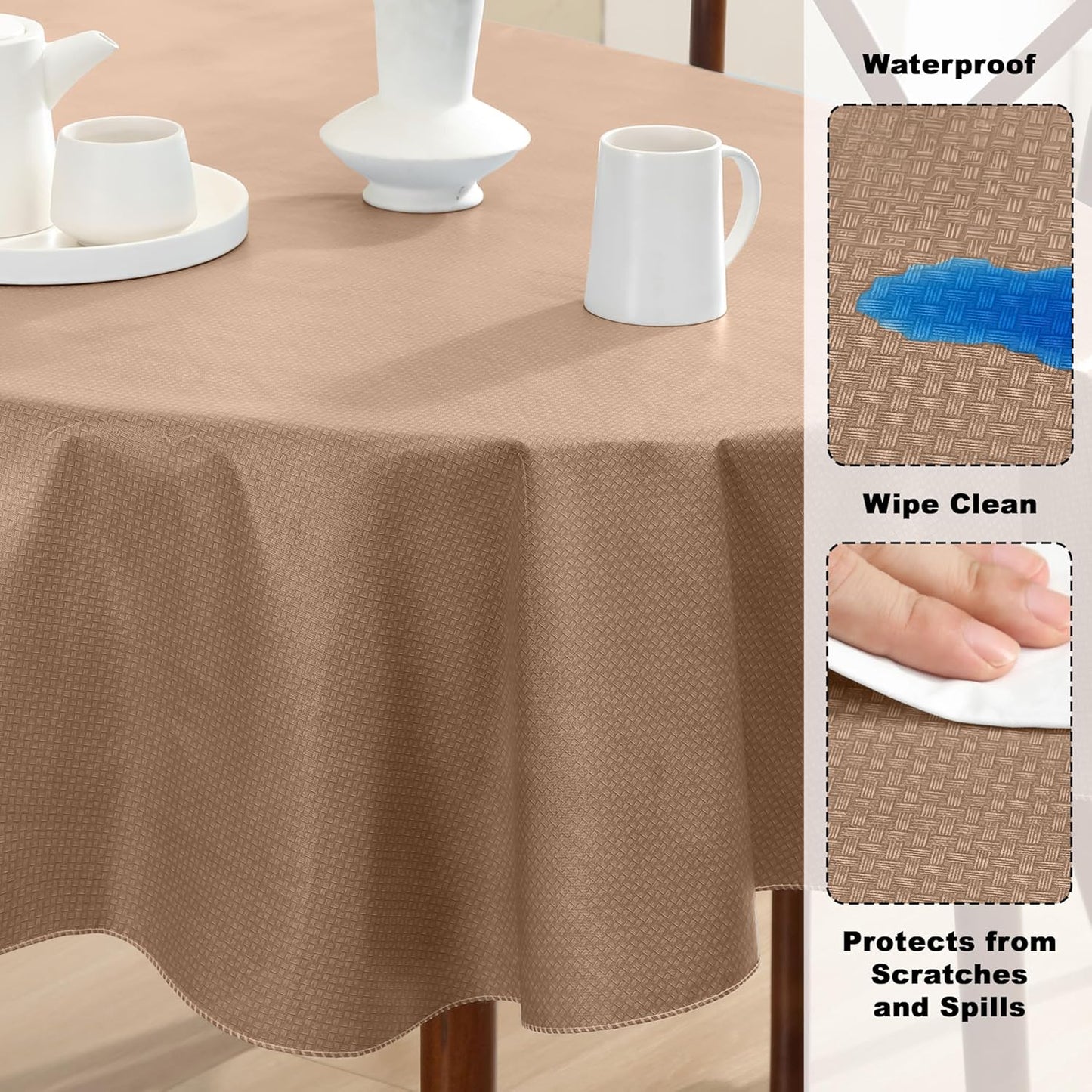 Newbridge Basketweave Vinyl Flannel Backed Tablecloth, 60 x 84 Inch Oval, Taupe, Basket Weave Textured Indoor Outdoor Waterproof Table Cover for Patio, Kitchen, Dining
