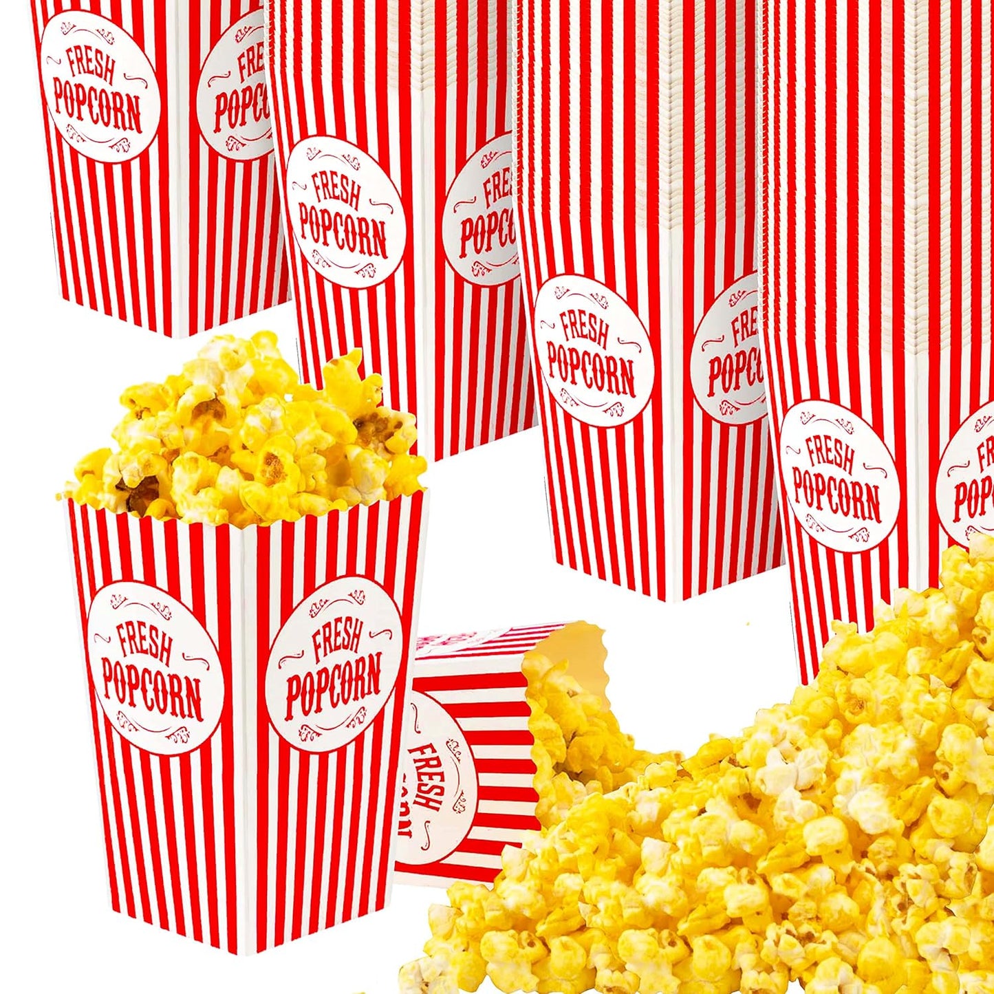 [50 Pack] Movie Theater Popcorn Boxes Disposable Red & White Striped - 30 oz Capacity - Vintage Snack Box Concession and Carnival Party Supplies, Individual Popcorn Bucket Containers