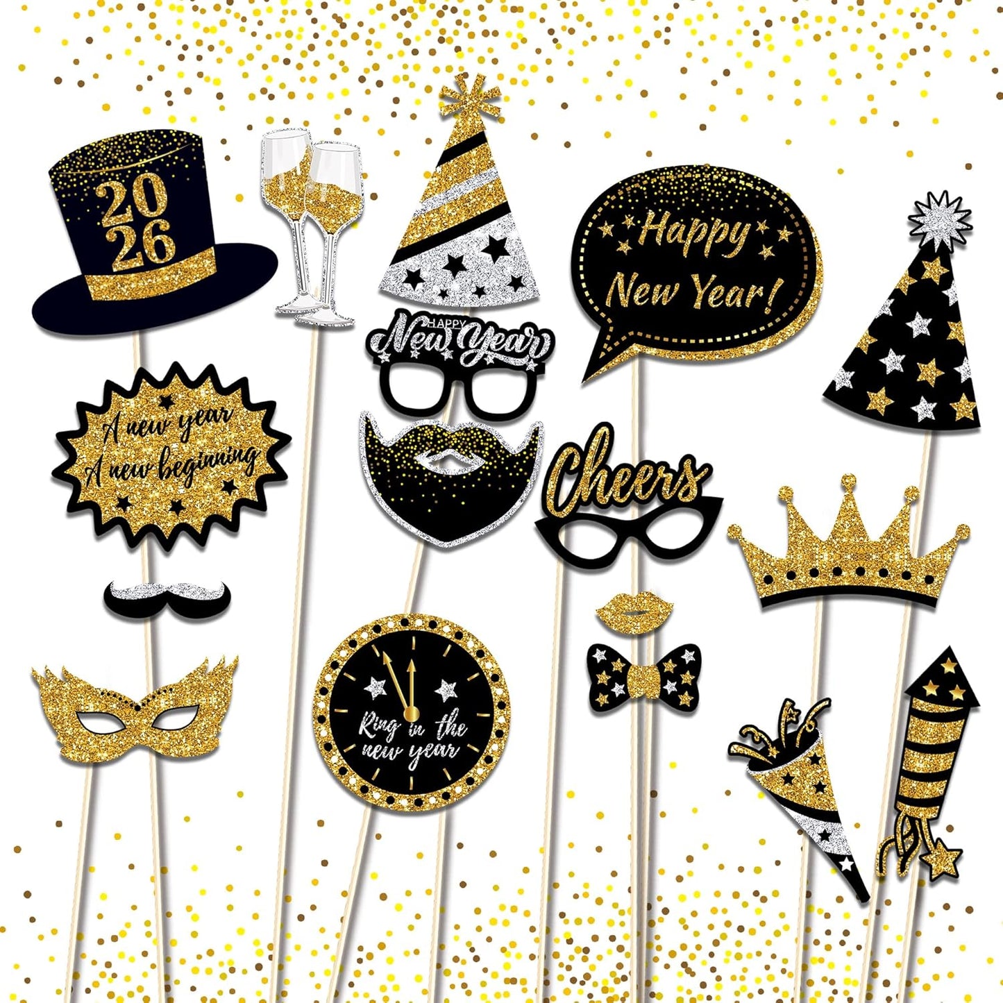 New Years Photo Booth Props 2026 – Pack of 30, Nye | Eve Party Supplies Black Gold New Year’s Eve Photo Prop 2026 Happy News Years Selfie Props Decorations for NYE Party Favor Decorations Supplies