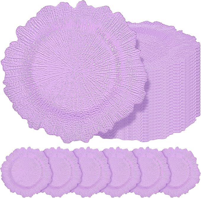 24 Pcs Lavender Charger Plates Bulk 13 Inch Plastic Charger Plates for Dinner Plate, Lavender Chargers for Table Setting, Reef Design Plate Floral Decorative Round Chargers for Wedding Party, Event