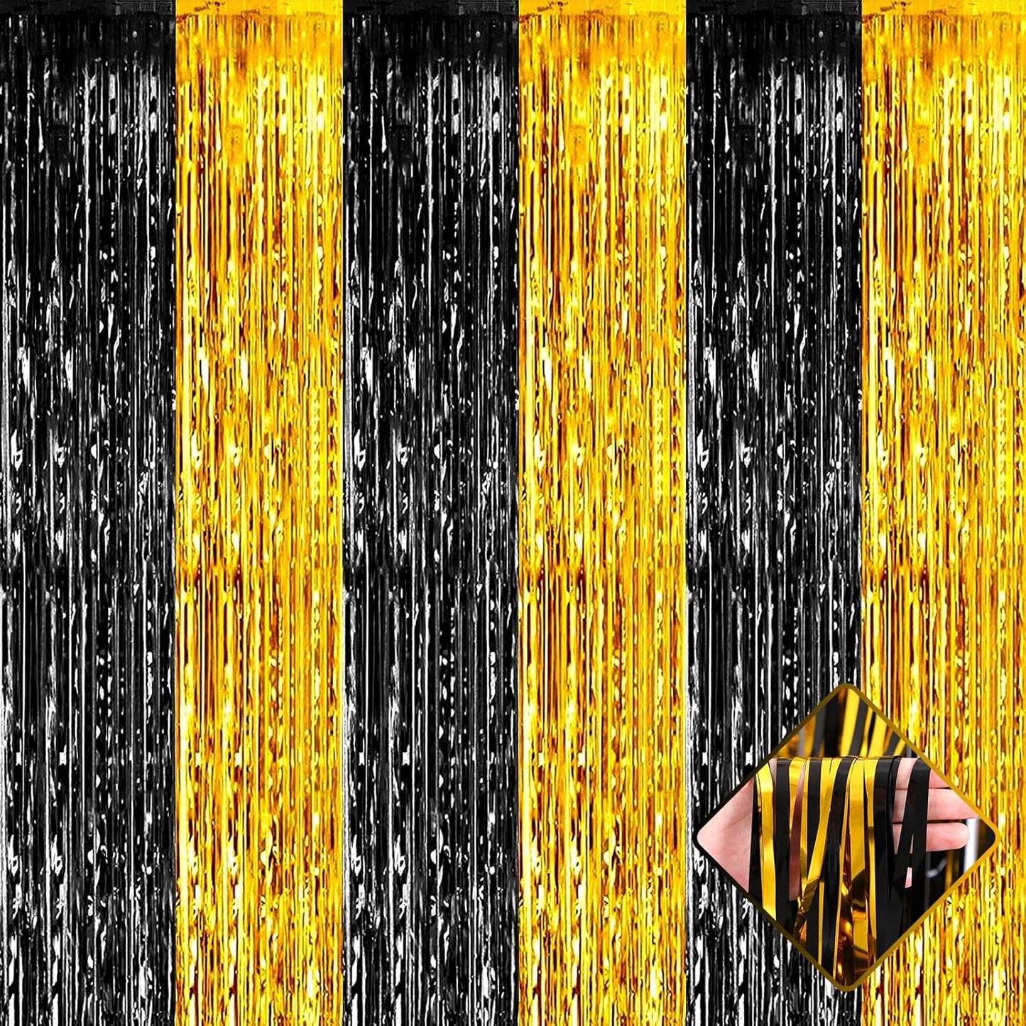 4 Pack 3.2Ft x 6.6Ft Black Gold Foil Fringe Curtain Backdrop, Metallic Tinsel Foil Fringe Streamers Curtains Background for Photo Booth, Birthday, Wedding, Graduation, Carnival Party Decoration