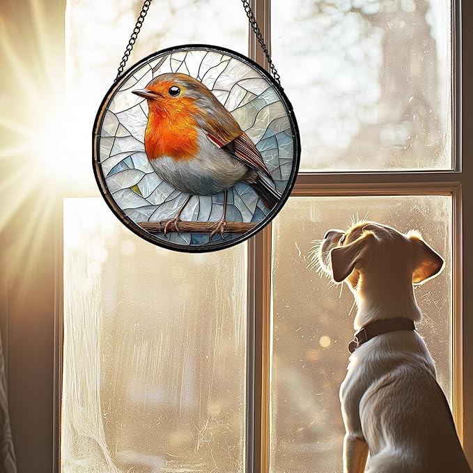 Stained Glass Window Hanging - Orange Grey Robin Sun Catcher for Door Garden Home Decor Bird Lovers Suncatcher Christmas Mother's Day Birthday Gifts for Women Men Mom Nana 9.8 in