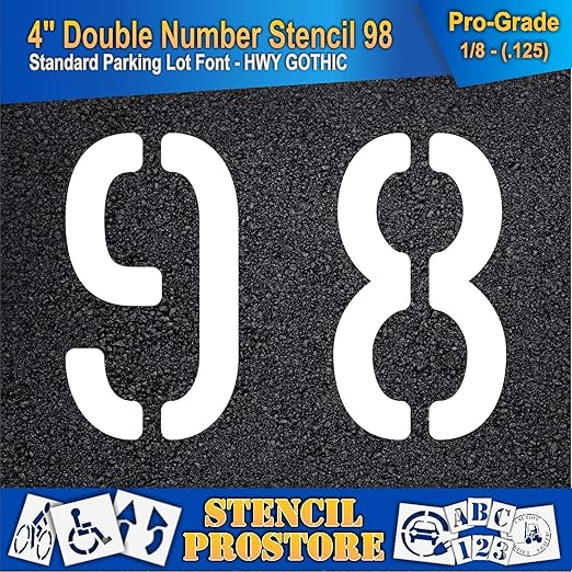 Pavement, Curb, and WheelStop Stencils - 4 inch Double Number Stencil - (98) - 4" x 5.5" x 1/8" (128 mil) - Pro-Grade