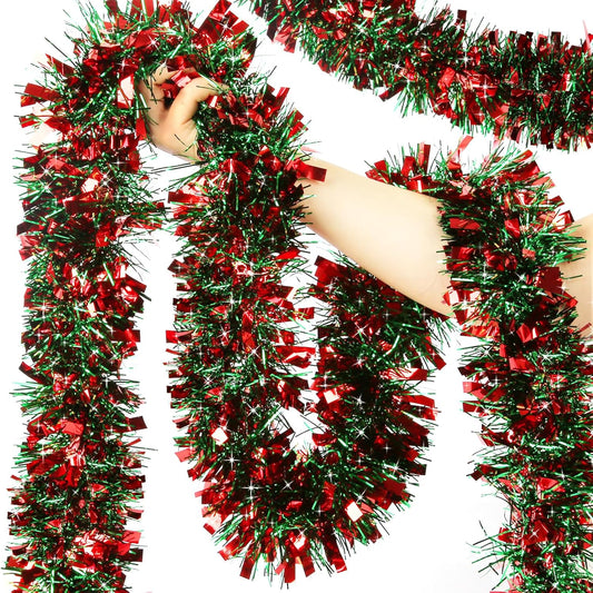 50 Feet Christmas Tinsel Garland Metallic Tinsel Garland Christmas Tree Decorations for Christmas Indoor and Outdoor Decor (Green and Red)