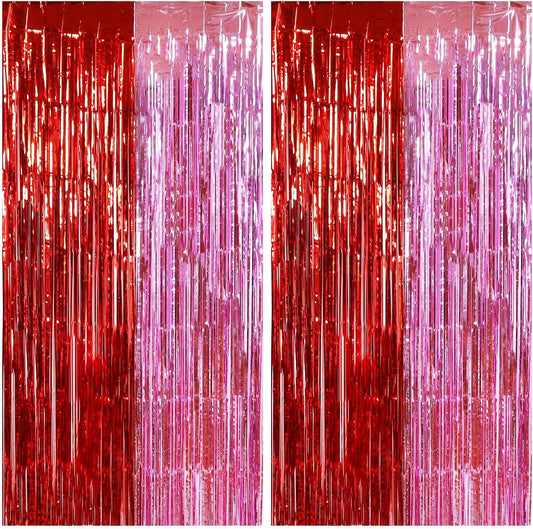 TONIFUL Valentine's Day Door Streamers,Red and Pink Photo Booth Backdrop Metallic Streamers Foil Fringe Curtain for Birthday Valentine's Day Bridal Shower Engagement Party Decoration