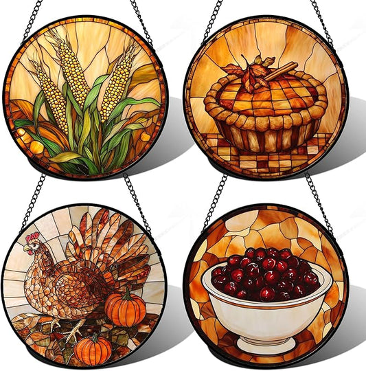 Stained Glass Window Hanging 4 Pcs Set Brown Turkey Berry Corn 7.8" - Suncatcher Door Garden Sun Catcher Decor Birthday Thanksgiving Mother's Day for Mom Woman Nana Men