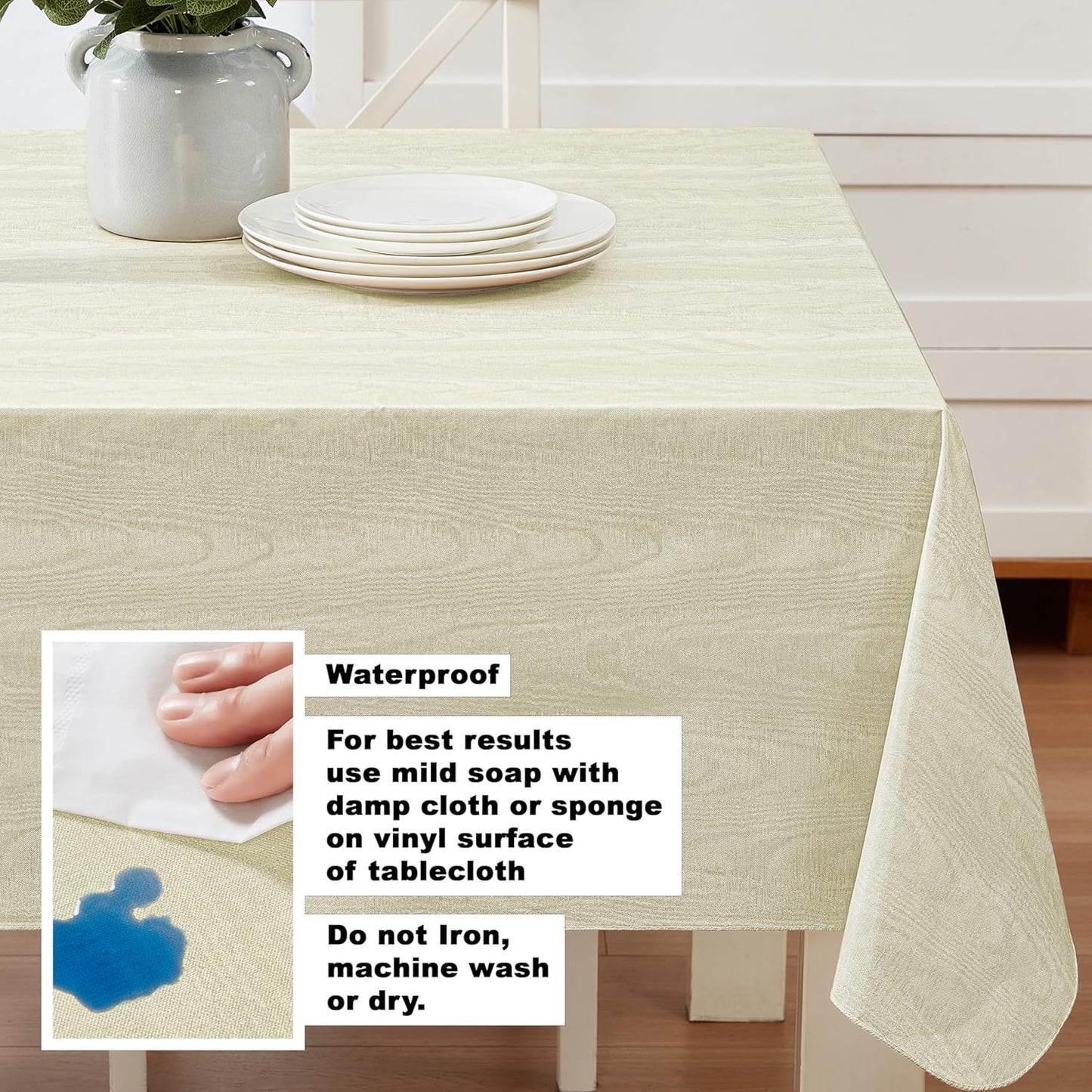 Newbridge Vinyl Flannel Backed Tablecloth, 60 x 120 Inch Rectangle, Beige Moire Wavy Solid Design, Heavyweight Indoor Outdoor Waterproof Table Cover, Easy Care Wipe Clean