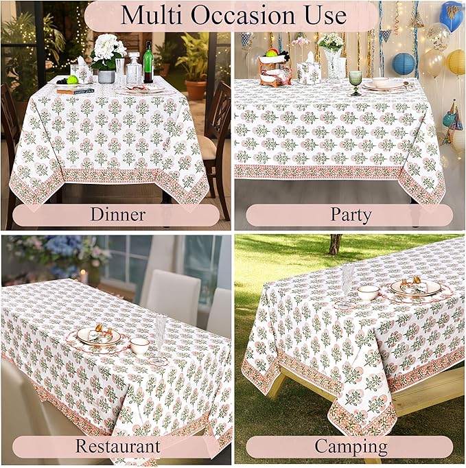 Ridhi Hand Block Print Mughal Buta Peach Rectangle Cotton Tablecloth 108" x 60" Reusable Table Cover Decorative Everyday Use for Dining, Farmhouse, Home Gift for Spring, Easter, Valentine
