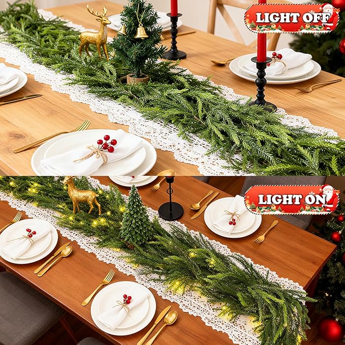 6ft Artificial Norfolk Pine Garland with Lights, 2Pcs Christmas Greenery Garland for Mantel Fireplace Table Wall Stair Window Outdoor Indoor Christmas Decorations (2)