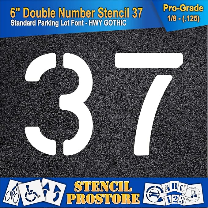 Pavement, Curb, and WheelStop Stencils - 6 inch Double Number Stencil - (37) - 6" x 9" x 1/8" (128 mil) - Pro-Grade