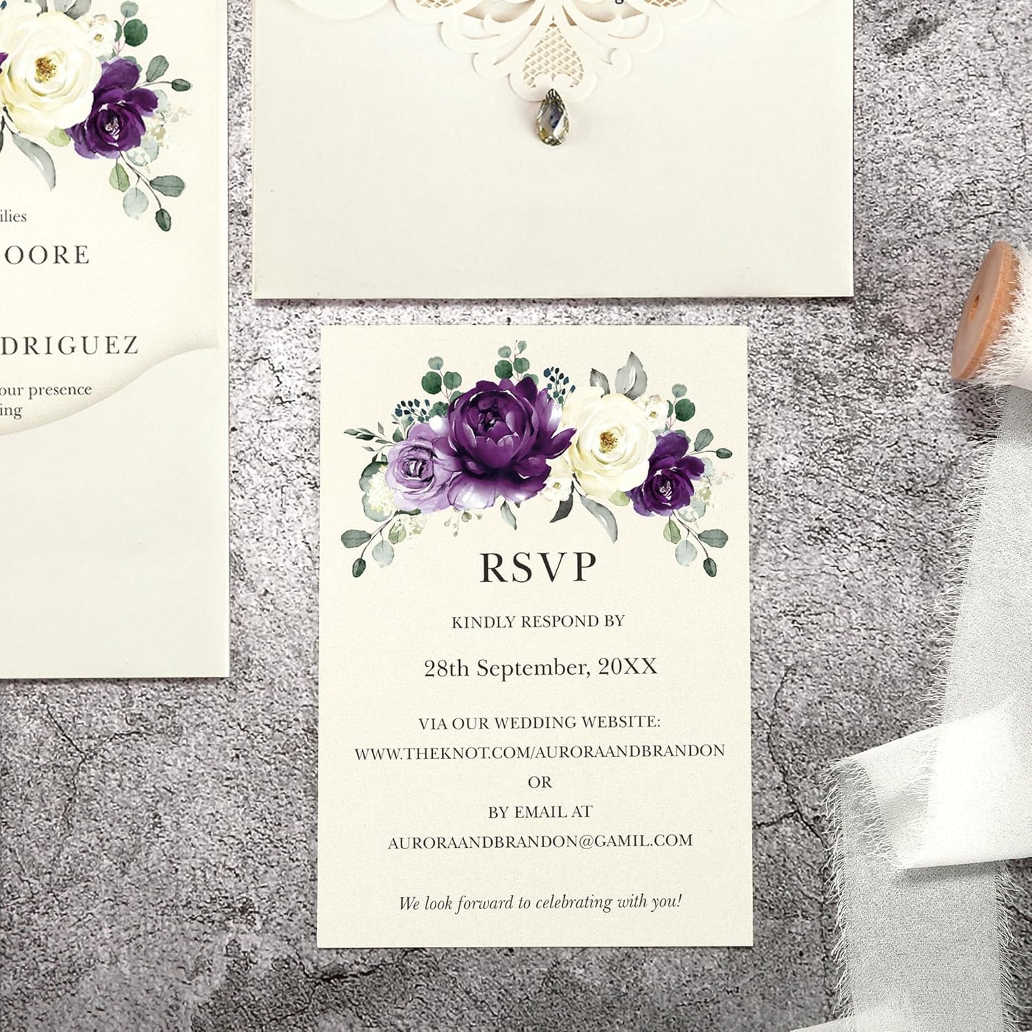 50pcs Laser Cut Wedding Invitations with Envelopes and RSVP Cards Purple and Ivory White, 5x7.3 Personalized Invitation Cards for Wedding, Anniversary Invitations with Rhinestone