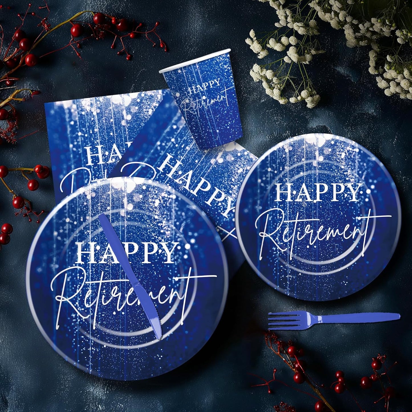 Blue Retirement Party Decorations Tableware For Women Men, Disposable Happy Retirement Party Supplies, Paper Plate, Cup, Napkin, Fork, Serve 24
