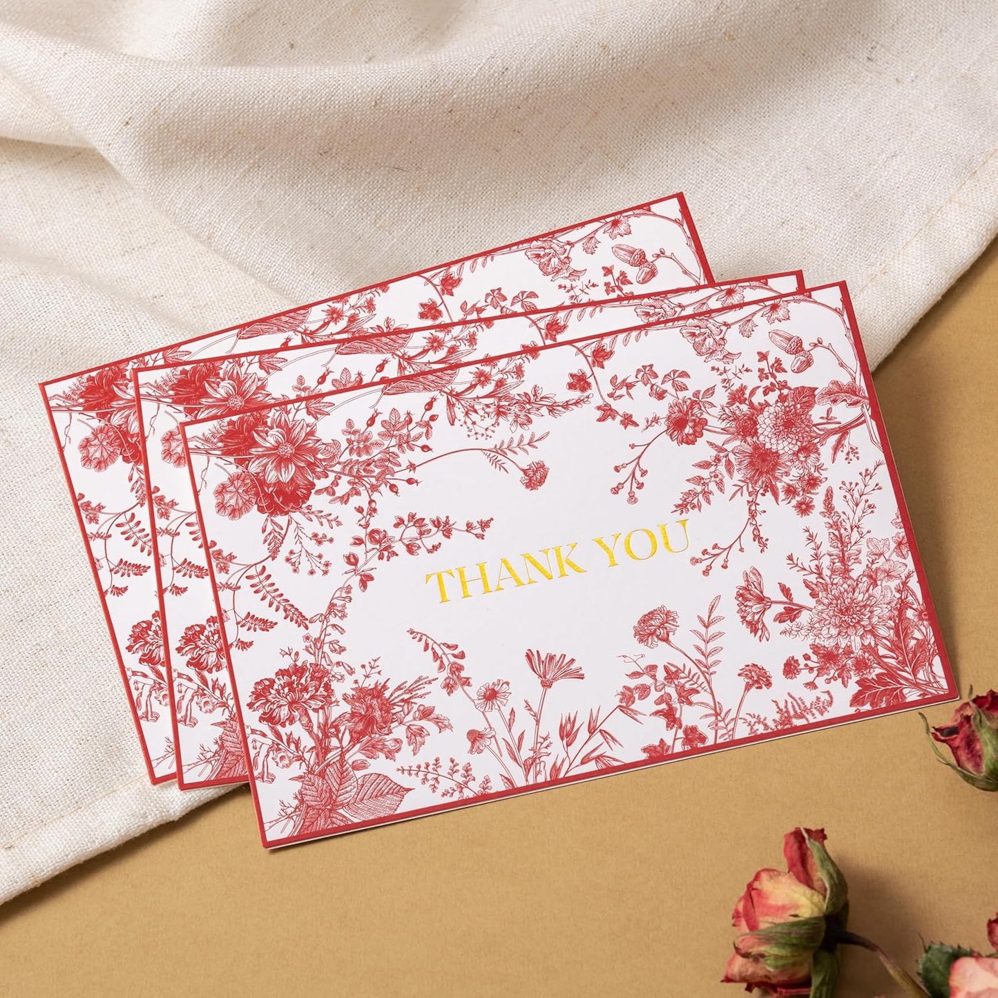 Crisky Red Floral Thank You Cards Gold Foil Greeting Notes Bulk with Envelopes (50 Pack) for Birthday, Baby Shower, Bridal Shower, Wedding, Graduation