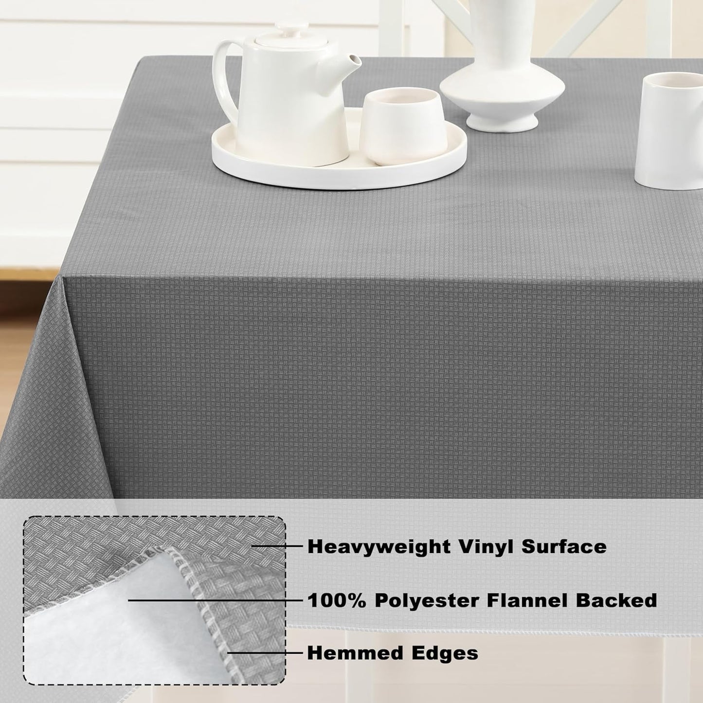 Newbridge Basketweave Vinyl Flannel Backed Tablecloth, 60 x 84 Inch Rectangle, Grey, Basket Weave Textured Indoor Outdoor Waterproof Table Cover for Patio, Kitchen, Dining