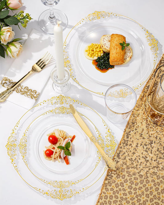 Nervure 175PCS Clear Gold Plastic Plates - Gold Disposable Dinnerware Set for 25 Guests Include 50 Disposable Plates, 75 Plastic Silverware, 25 Cups, 25 Napkins for Wedding & Party & Thanksgiving