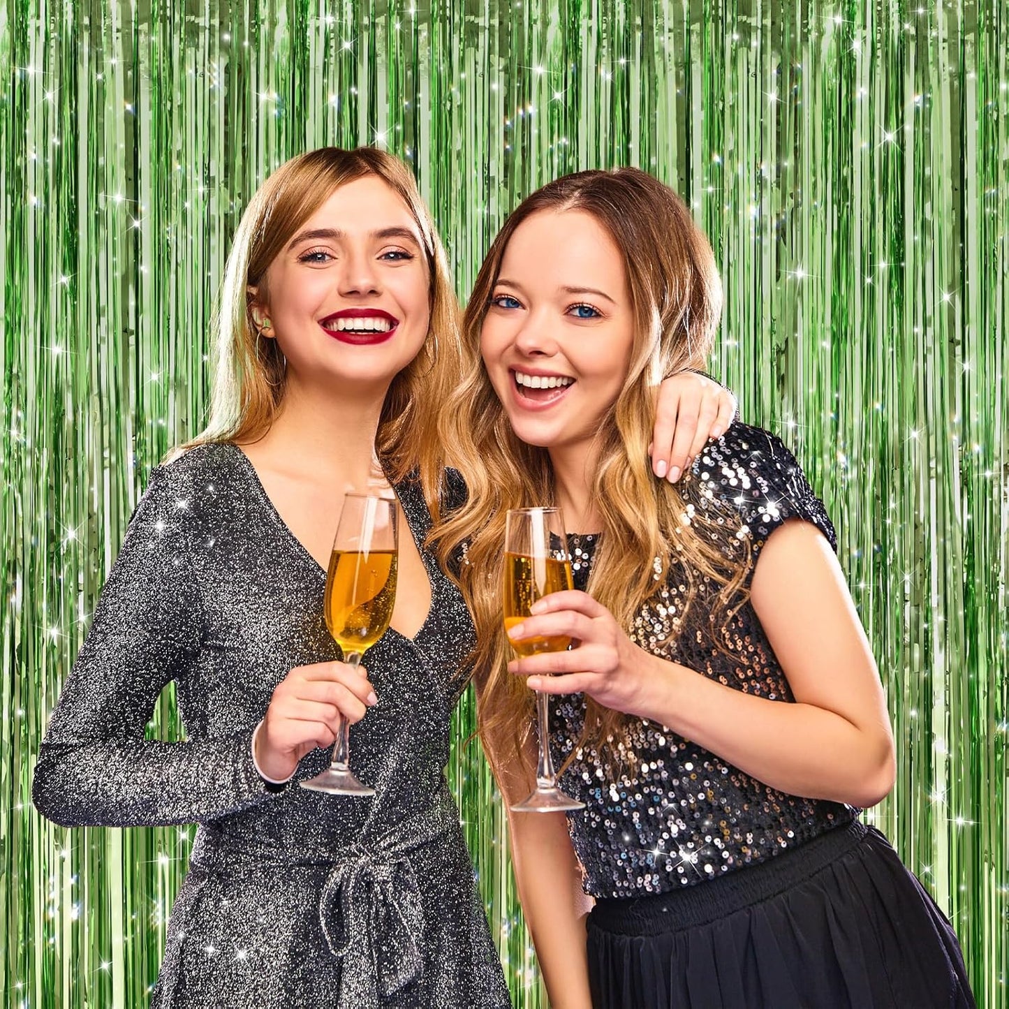 2 Pack Light Green Metallic Tinsel Foil Fringe Curtains, Door Streamers Photo Booth Backdrop for Birthday Party, Tinsel Curtain Backdrop for Baby Shower Bachelorette Christmas Party Decorations