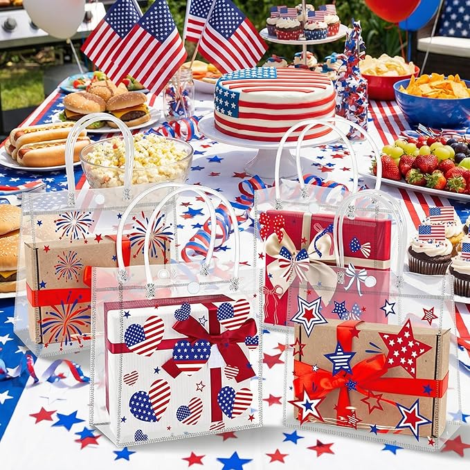 H1vojoxo Patriotic Clear Gift Bags - 24PCS 4th of July Clear PVC Gift Bags with Handles 7.9 x 3.2 x 7.9 Inches American Goodie Treat Snack Candy Gifts Bag Independence Day Memorial Day Party Favors