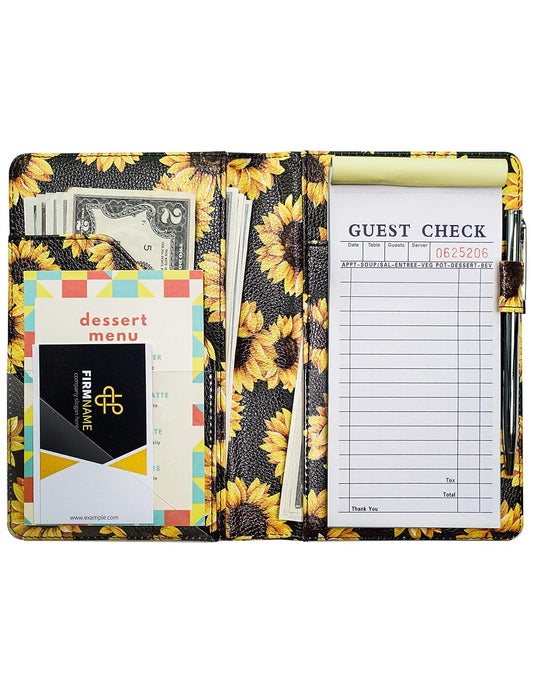 Mymazn Black Server Books for Waitress Book Waiter Book Server Booklet Restaurant Waitstaff Organizer, Serving Book Guest Check Book Holder Money Pocket Fits Server Apron (Sunflower)