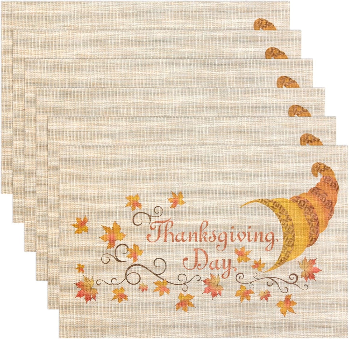 Thanksgiving Placemats Set of 6 Fall Place Mats Pumpkin Maple Leaves Table Mats Washable Non-Slip Heatproof Woven Placemats for Dining Table (17.7" X 11.8")