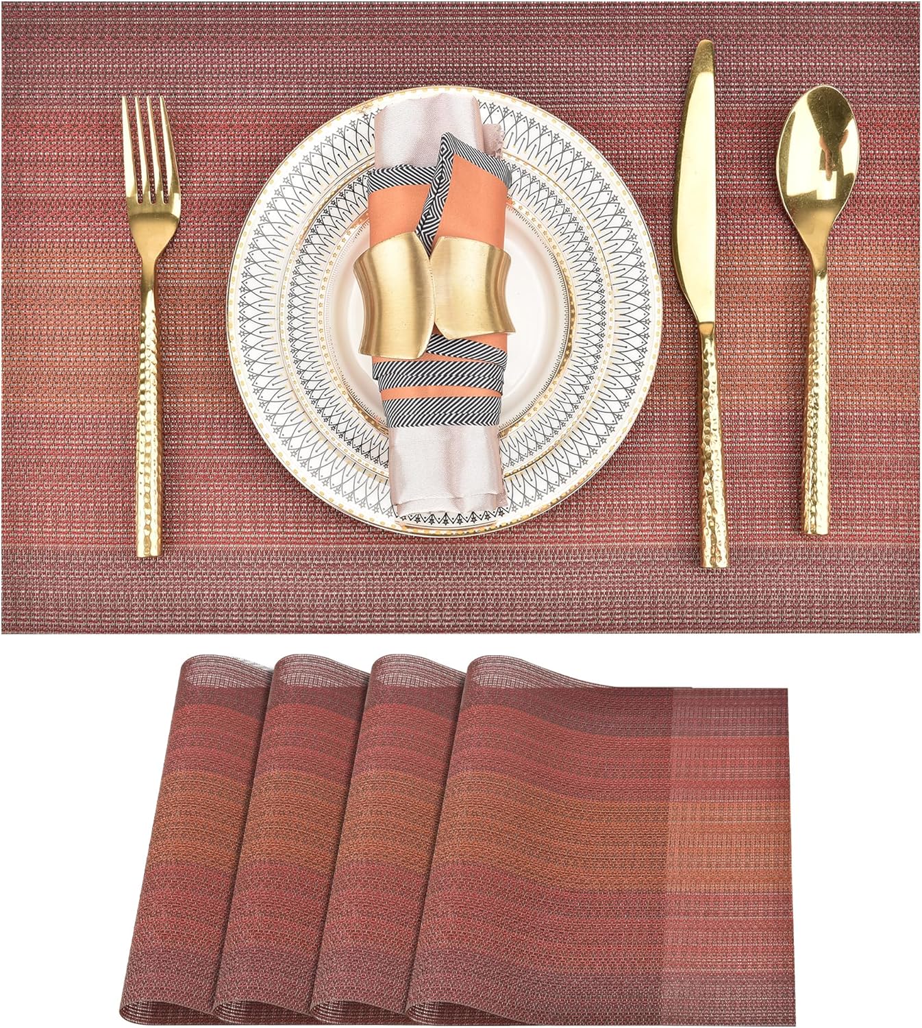 SLKQG Placemats Set of 4 - Easy Clean Washable Vinyl Placemats - Wipeable Heat Resistant Table Mats for Dining Table - 17.7x11.8 Inch (4, Red Gradient)