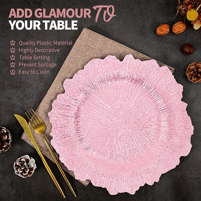 Teruntrue 24 Pcs Pink Charger Plates Bulk 13 Inch Plastic Charger Plates for Dinner Plate, Pink Chargers for Table Setting, Reef Design Plate Floral Decorative Round Chargers for Wedding Party Event