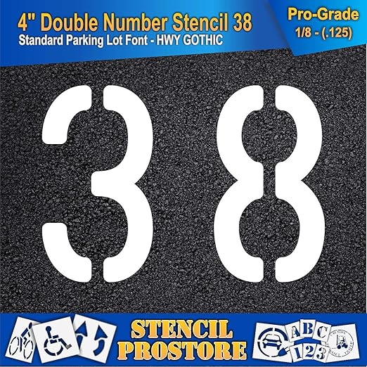 Pavement, Curb, and WheelStop Stencils - 4 inch Double Number Stencil - (38) - 4" x 5.5" x 1/8" (128 mil) - Pro-Grade