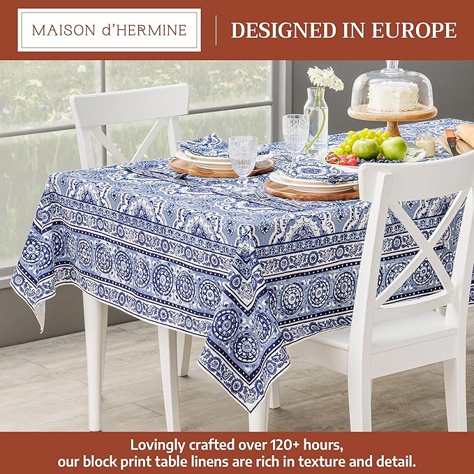 Maison d' Hermine Table Cloth Square Table 100% Cotton 60 x 60 Inches Tablecloth Reusable Decorative for Dining Room Farmhouse Home Valentines Day Decorations Spring Summer - Melodie Bleue