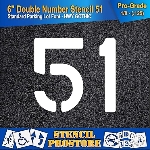Pavement, Curb, and WheelStop Stencils - 6 inch Double Number Stencil - (51) - 6" x 6" x 1/8" (128 mil) - Pro-Grade